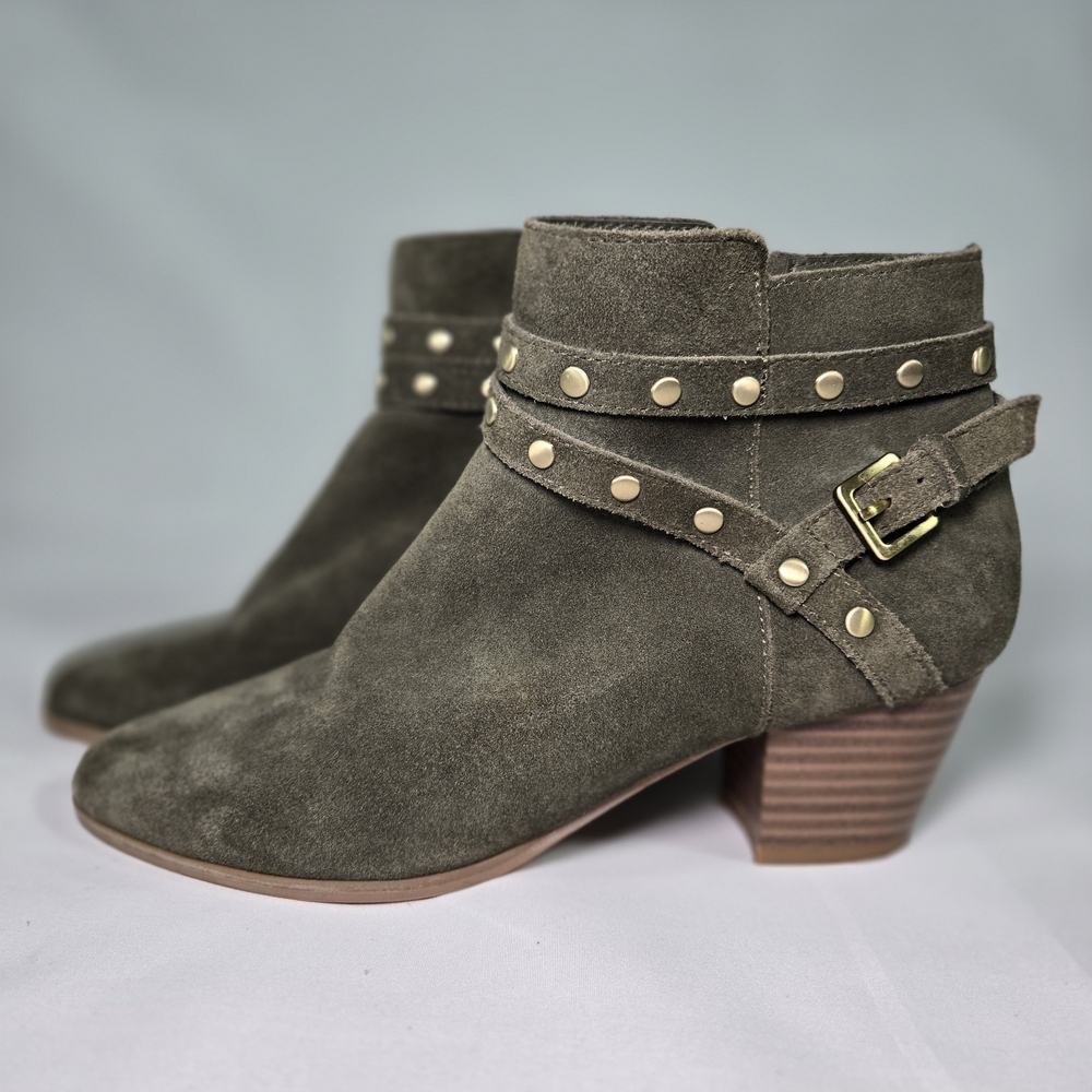 Violet & Red Bootie Olive Green Suede Ankle Strappy Zip Sz 6 Studded